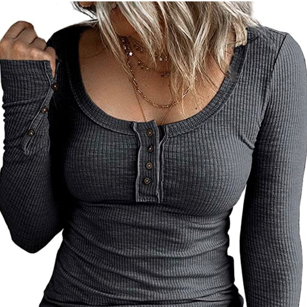 Long Sleeve Ribbed Henley Button Down Top